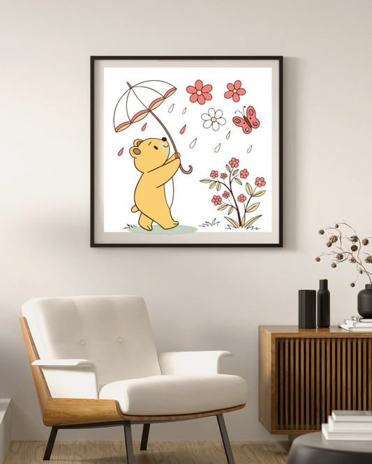 Cadre chic avec ours joyeux sous parapluie dans un style printemps coloré