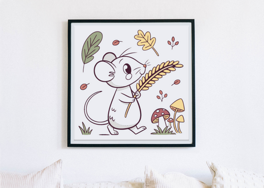 Cadre décoratif avec icône stylisée de souris et épis, ambiance nature et forêt