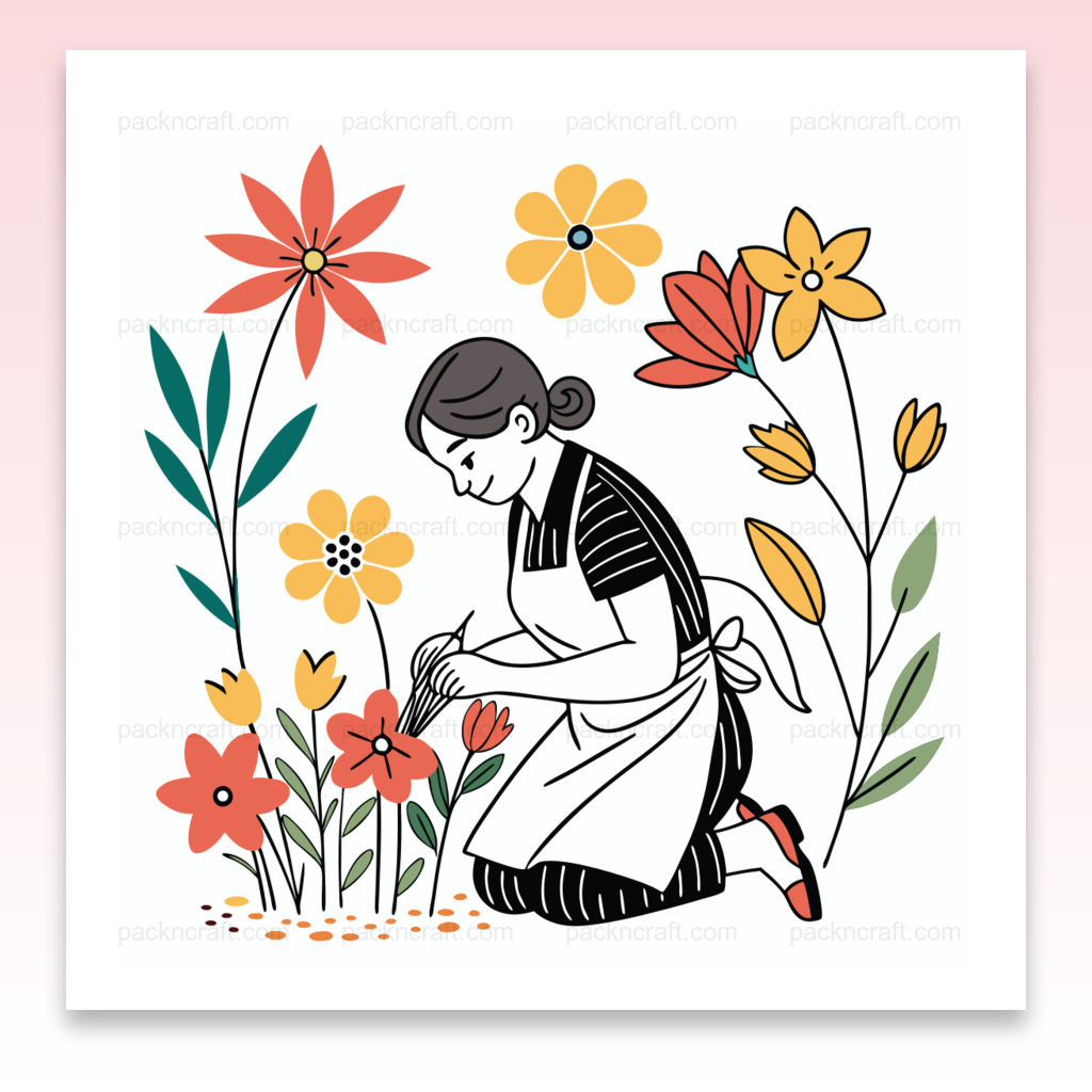 Illustration SVG de fleuriste préparant un bouquet parmi des fleurs colorées, Fleuriste en cadre créatif entouré de nature florale, Fleuriste sur t-shirt – Parfaite pour les enthousiastes du jardinage printanier, Sticker de fleuriste soignant des fleurs, idéal pour décoration, Motif de fleuriste sur mug, ajoutant une touche botanique à votre café