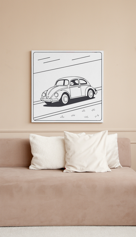 Cadre au style minimaliste avec une voiture rétro sur une route vintage