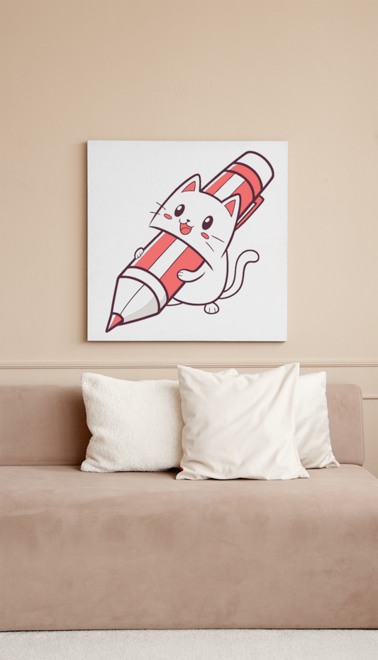 Cadre avec chat kawaii tenant un grand crayon dans une ambiance écolière, joyeux et coloré