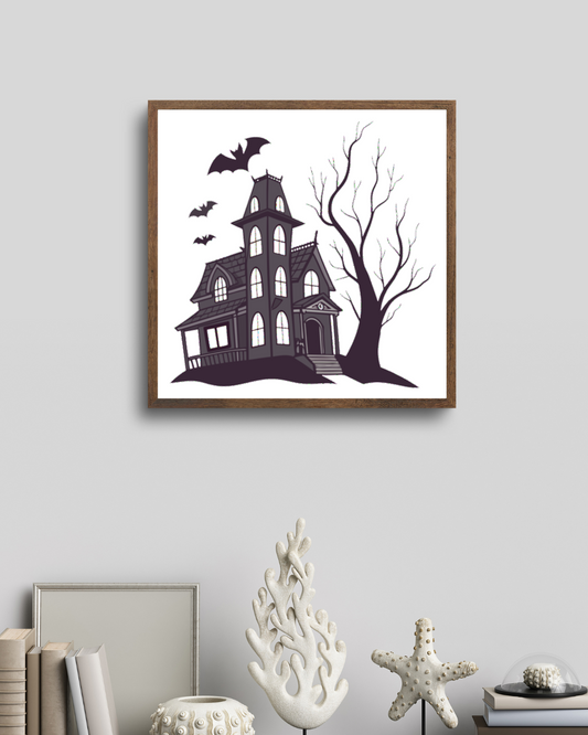 Cadre gothique avec une maison hantée et chauve-souris sur le thème d'Halloween