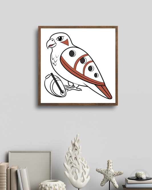 Cadre décoratif avec faucon jouant de l'ocarina dans un style numérique enchanteur