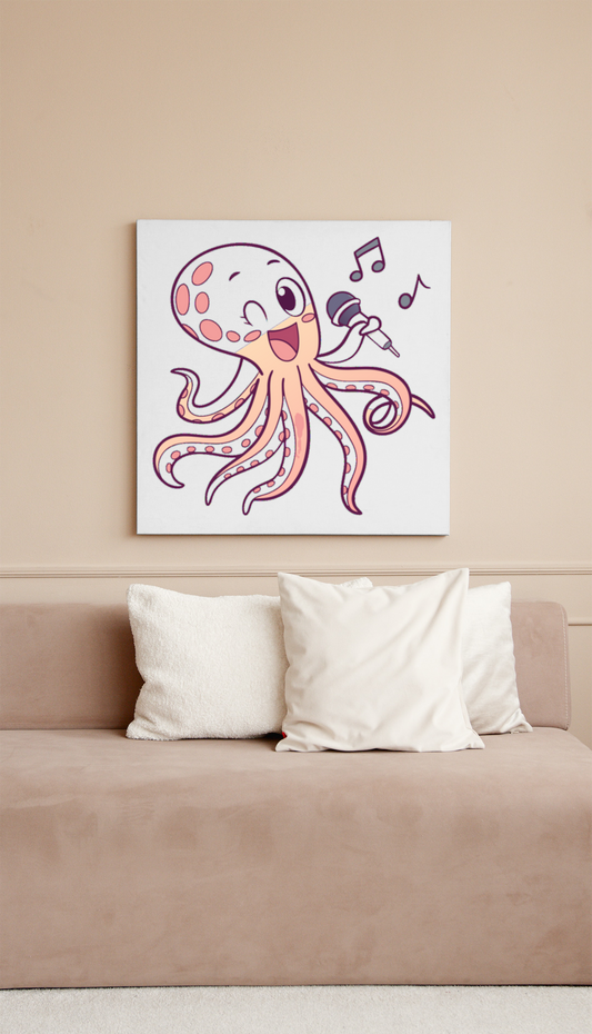 Cadre avec un poulpe joyeux chanteur, style kawaii sur thème musical, idéal déco