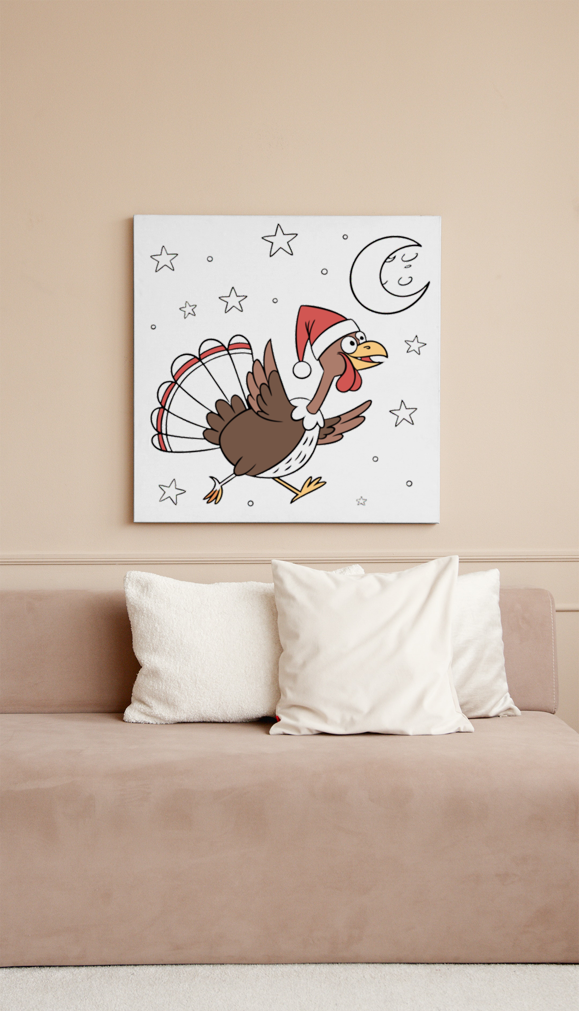 Cadre avec motif cartoon d'une dinde joyeuse sous la lune, ambiance festive de Noël