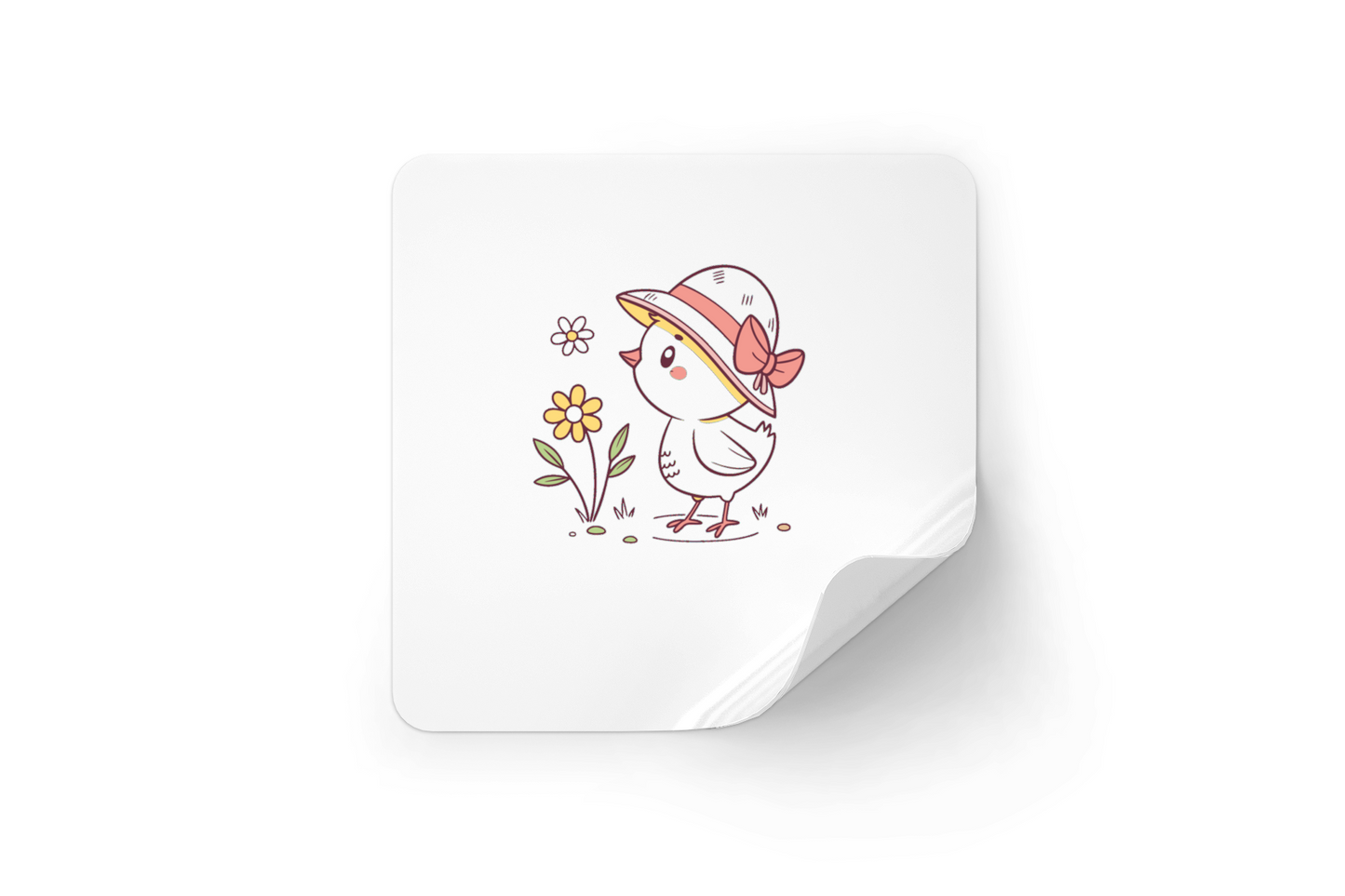 Sticker coloré avec poussin espiègle au chapeau en style doodle printanier