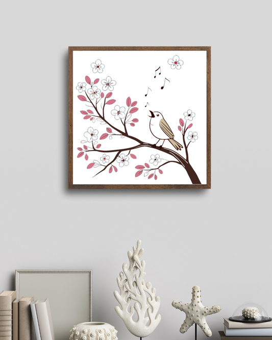 Cadre pastel avec oiseau chantant sur une branche fleurie, ambiance printanière