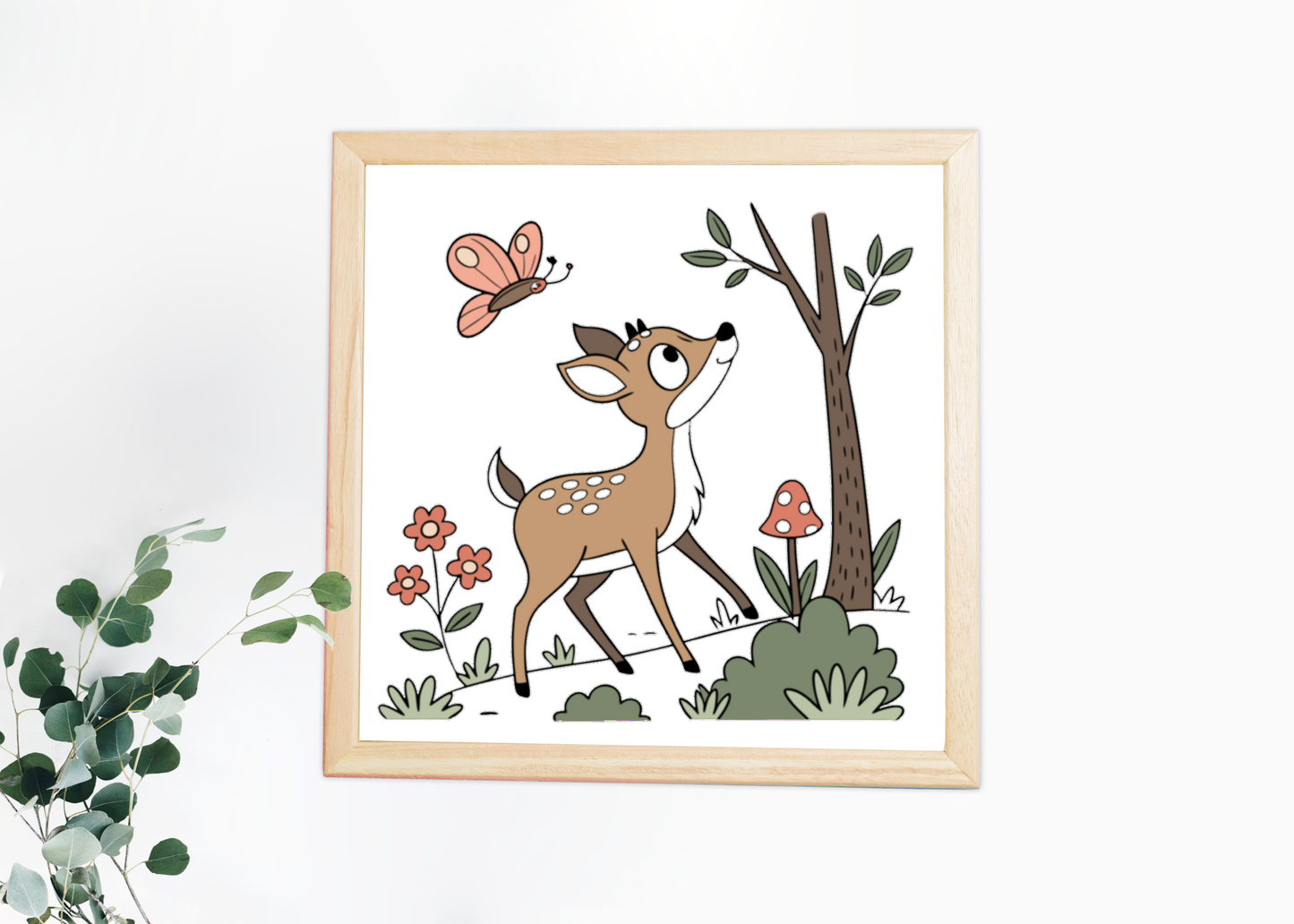 Cadre avec faon curieux et papillon dans un style pastel forestier