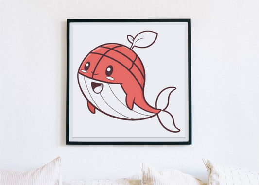 Cadre avec baleine souriante dans un style kawaii sur un fond aux couleurs de l'océan