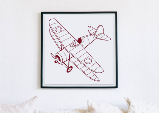 Cadre avec avion vintage en ligne monochrome, style aventure aérienne