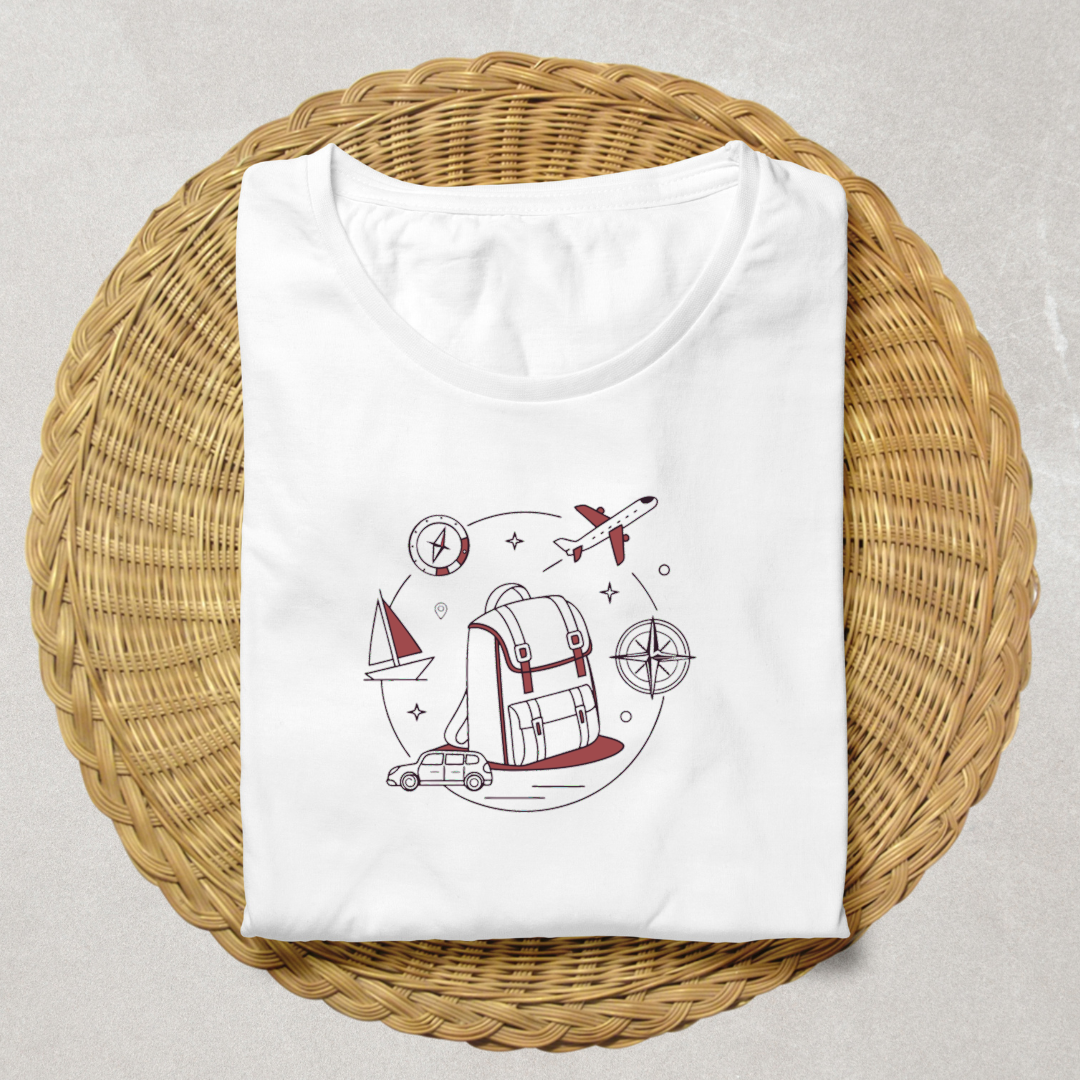 T-shirt avec icône d'un sac à dos minimaliste capturant l'esprit d'aventure