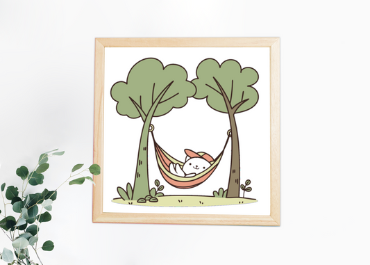Cadre décoratif avec doodle de chat relaxant dans un hamac en pleine nature