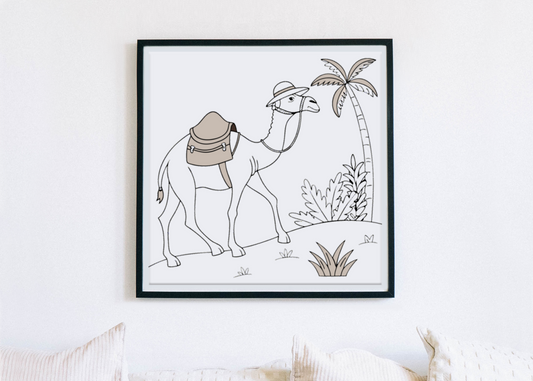 Cadre avec chameau aventurier dans un style safari explorateur vibrant