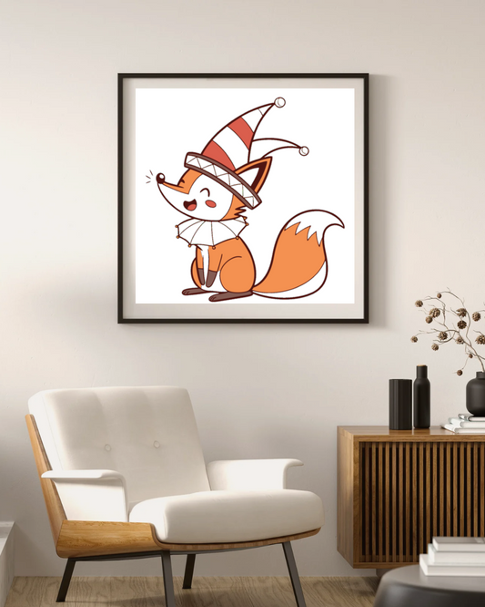 Cadre avec renard rieur style joyeux, ambiance cirque amusant