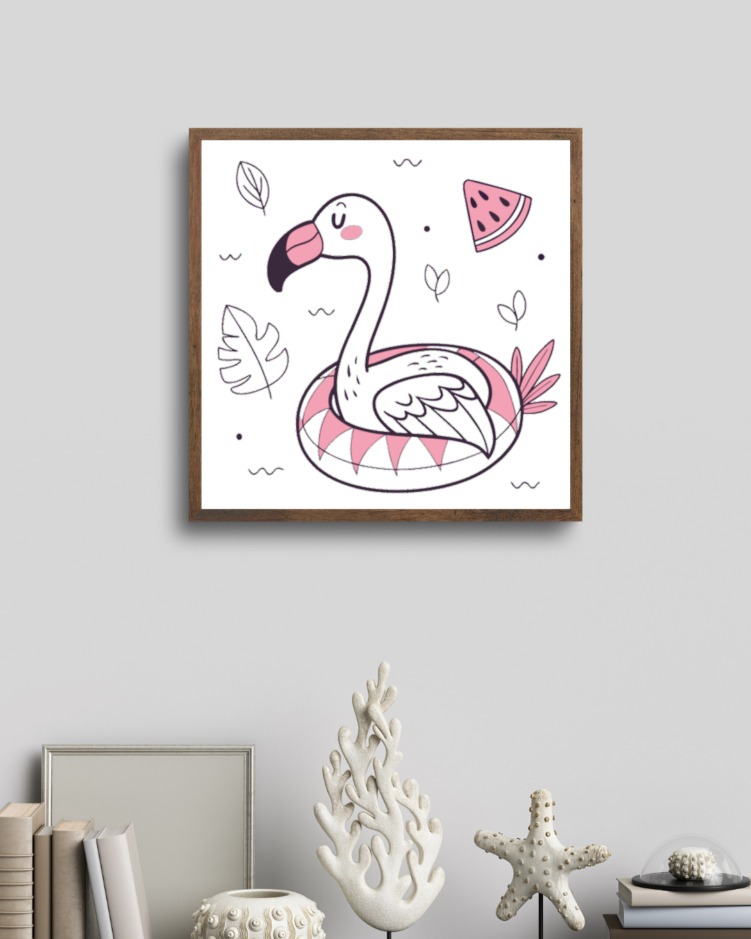 Cadre avec flamant rose joyeux sur bouée pastel pour un décor estival stylé