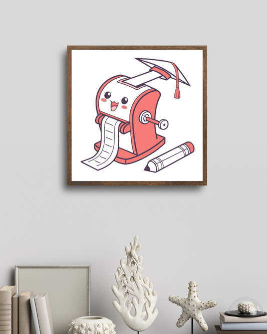 Représentation d'un taille-crayon kawaii souriant dans un cadre éducatif créatif