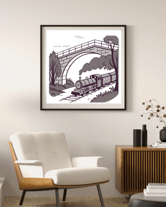 Cadre décoratif avec train vintage sous un pont pour un voyage nostalgique