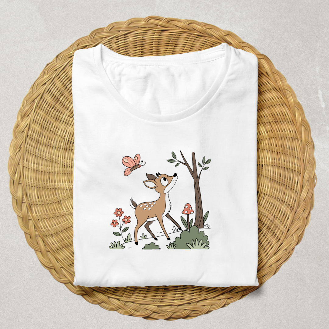 T-shirt avec faon curieux et papillon style pastel pour amoureux de la nature