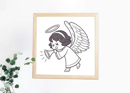 Cadre festif avec ange jouant de la trompette dans un style enfantin joyeux