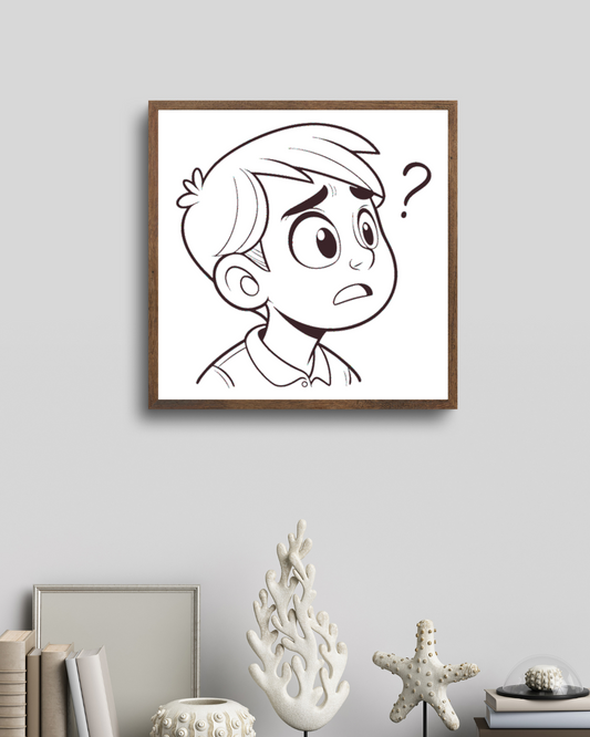 Cadre avec garçon confus dans une scène éducative en dessin moderne et minimaliste