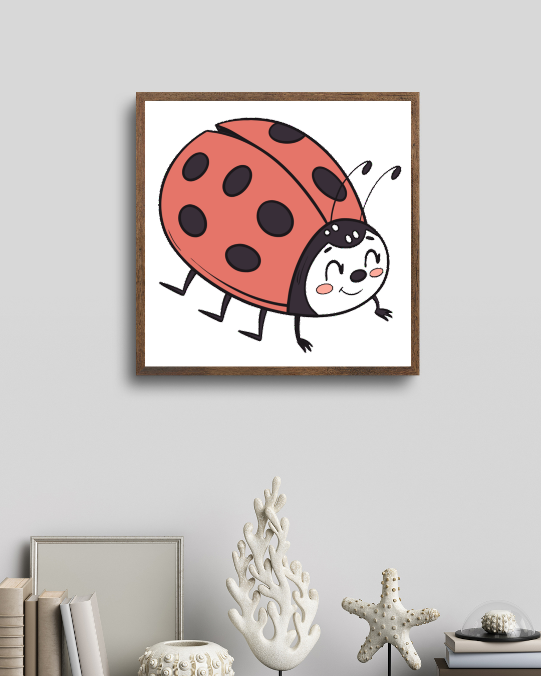 Cadre décoratif avec coccinelle joyeuse en style doodle animation enfantine