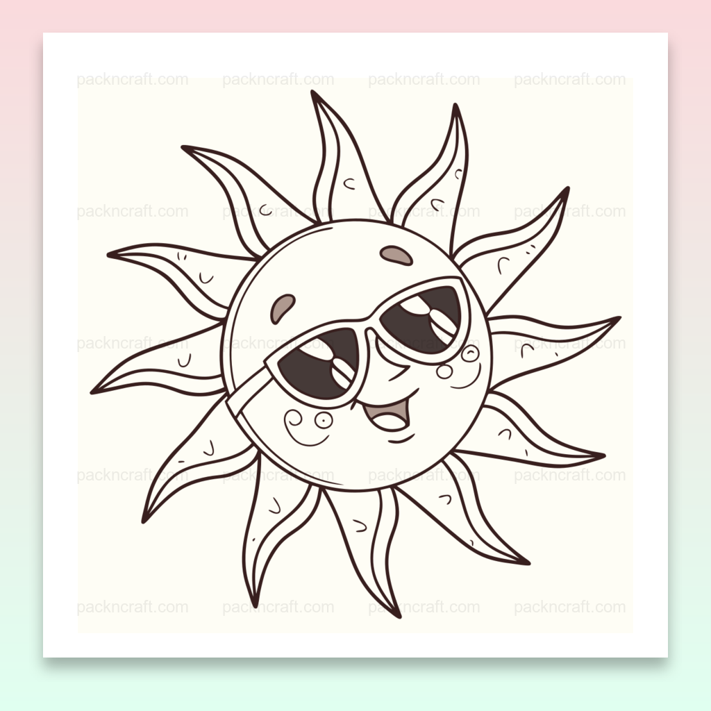 Illustration de soleil souriant avec lunettes, fichier numérique SVG pour projets de papeterie.