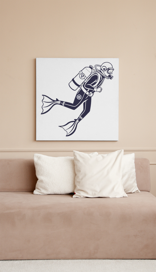 Cadre avec design moderne représentant un plongeur explorant une aventure aquatique