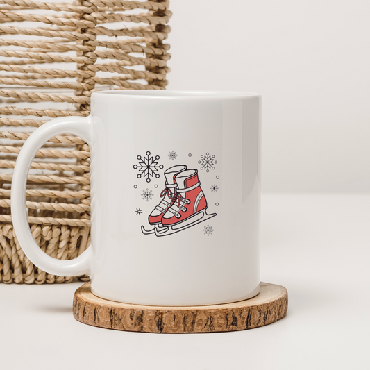 Mug illustré de patins minimalistes dansants évoquant l'hiver magique