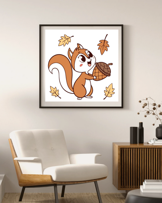 Cadre avec dessin vectoriel d'écureuil joyeux portant un gland à l'ambiance automnale