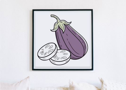 Cadre élégant affichant une aubergine tranchée dans un style minimaliste et créatif
