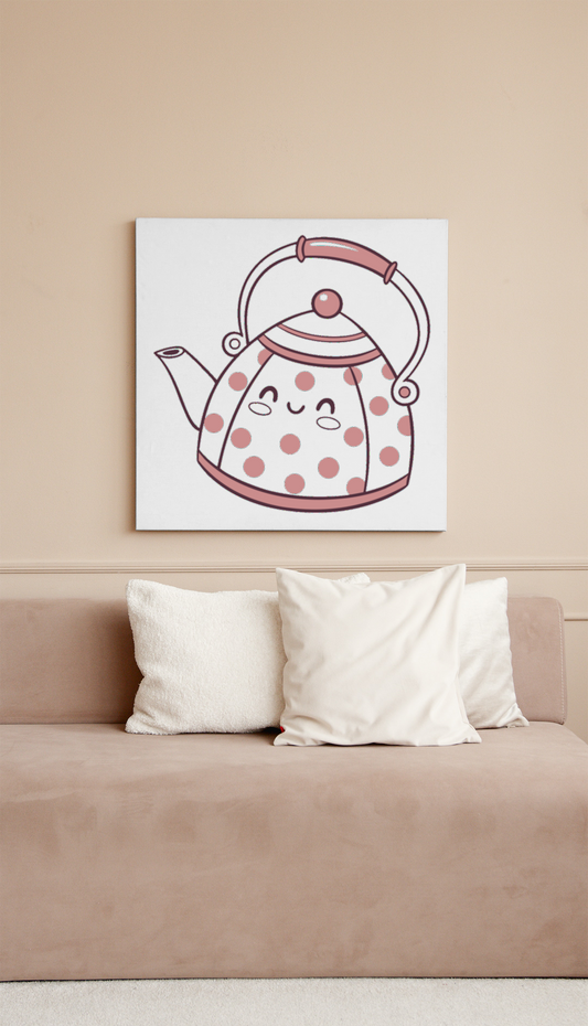 Cadre décoratif représentant une théière kawaii à pois, idéal pour la cuisine