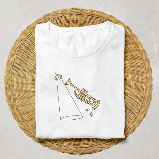 T-shirt moderne avec trompette éclairée en icône minimaliste sur fond musical