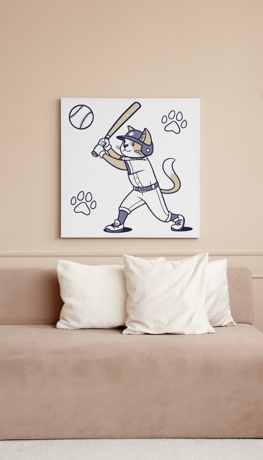 Cadre illustré d'un chat joueur de baseball dans un style ludique et sportif