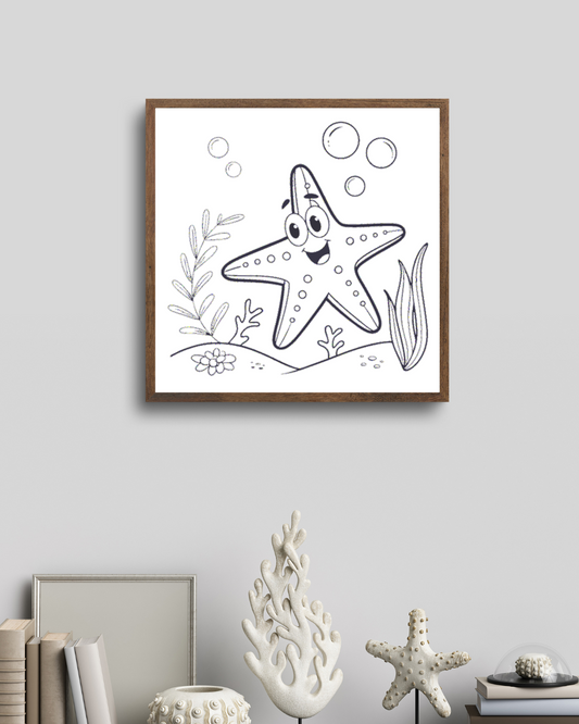 Cadre orné d'une icône d'étoile de mer joyeuse au design ludique sur fond océan