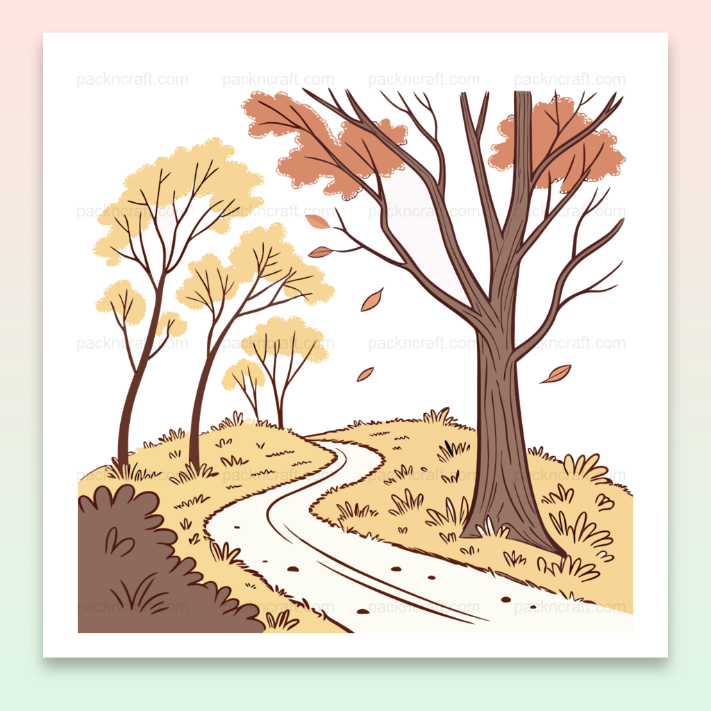 Illustration automnale avec chemin et arbres. Utilisation possible en déco, papeterie.