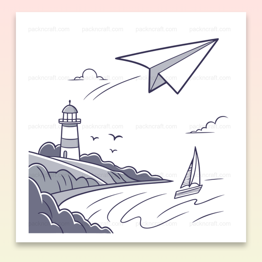 Planeur survolant un phare dans un style minimaliste, idéal pour déco marine.