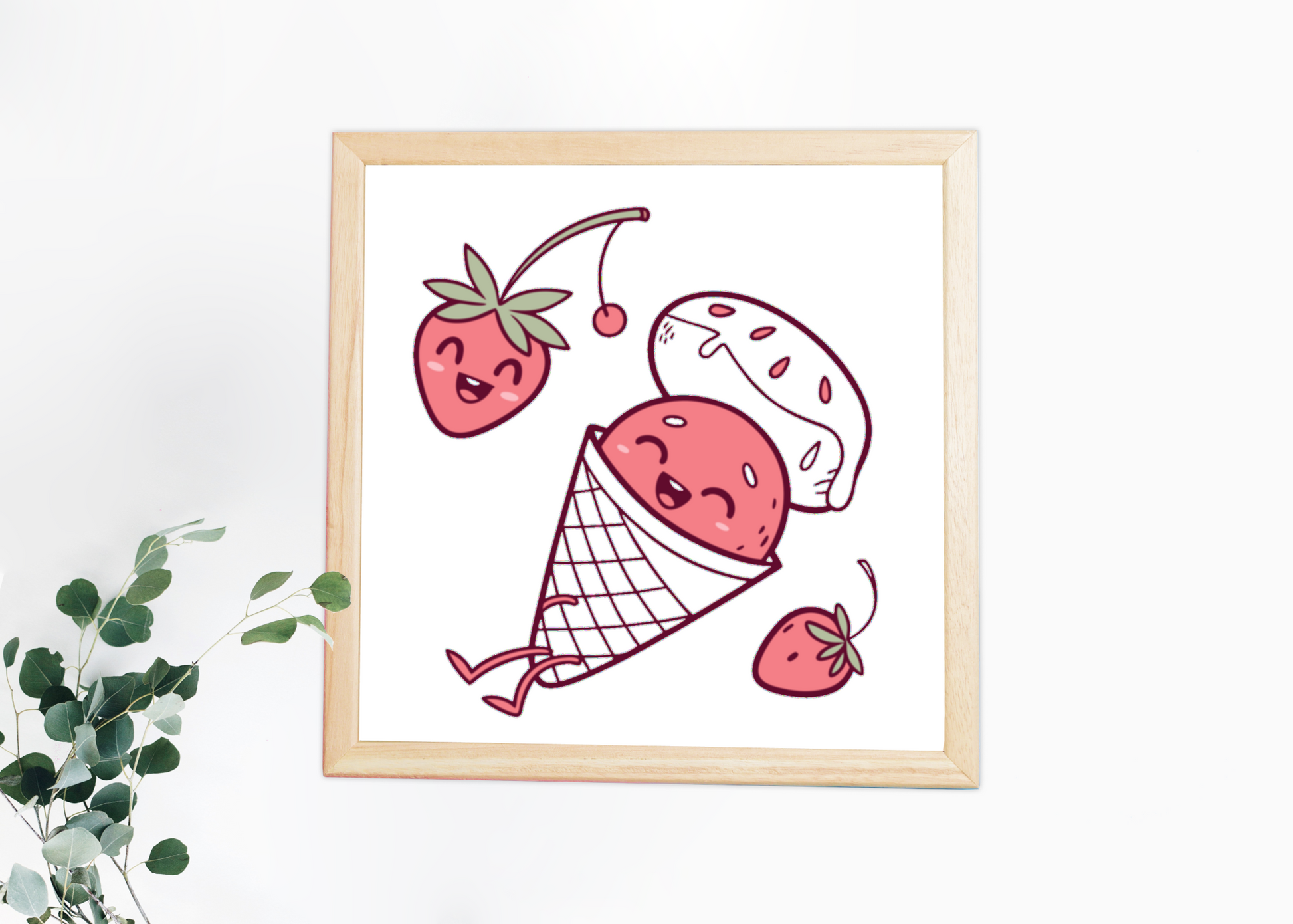 Cadre décoratif illustré d'une fraise kawaii en cornet pour un été gourmand