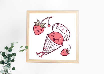 Cadre décoratif illustré d'une fraise kawaii en cornet pour un été gourmand