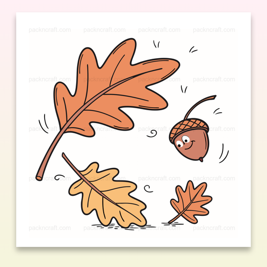Illustration automnale avec gland joyeux et feuilles tourbillonnantes, parfait pour projets DIY.