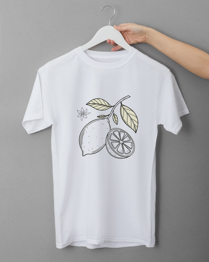 T-shirt avec citron minimaliste jaune stylisé pour une touche de fraîcheur estivale