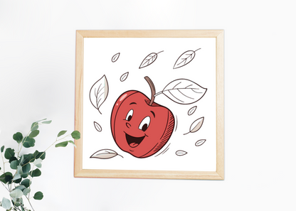 Cadre avec une pomme cartoon souriante en vol pour une déco naturelle et joyeuse