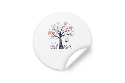 Sticker décoratif arborant une abeille joyeuse et un arbre fleuri pour le printemps