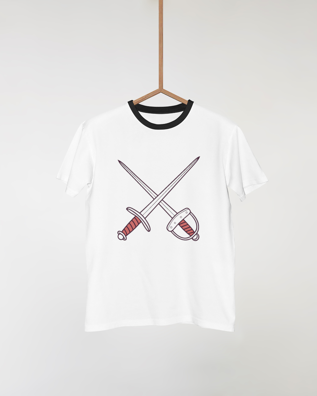 T-shirt avec épées croisées doodle sur fond aventurier style esquisse