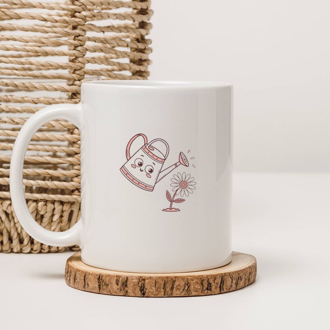 Mug décoré d'un arrosoir kawaii joyeux arrosant une fleur animée