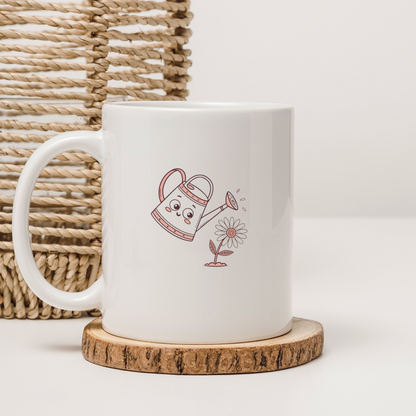 Mug décoré d'un arrosoir kawaii joyeux arrosant une fleur animée
