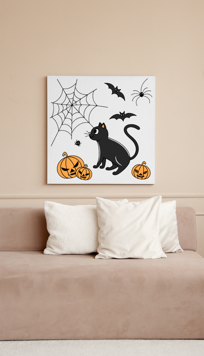 Cadre créatif avec un chat noir mystérieux dans une ambiance Halloween ensorcelante