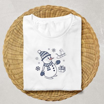 T-shirt hivernal festif avec bonhomme de neige joyeux et design numérique stylisé