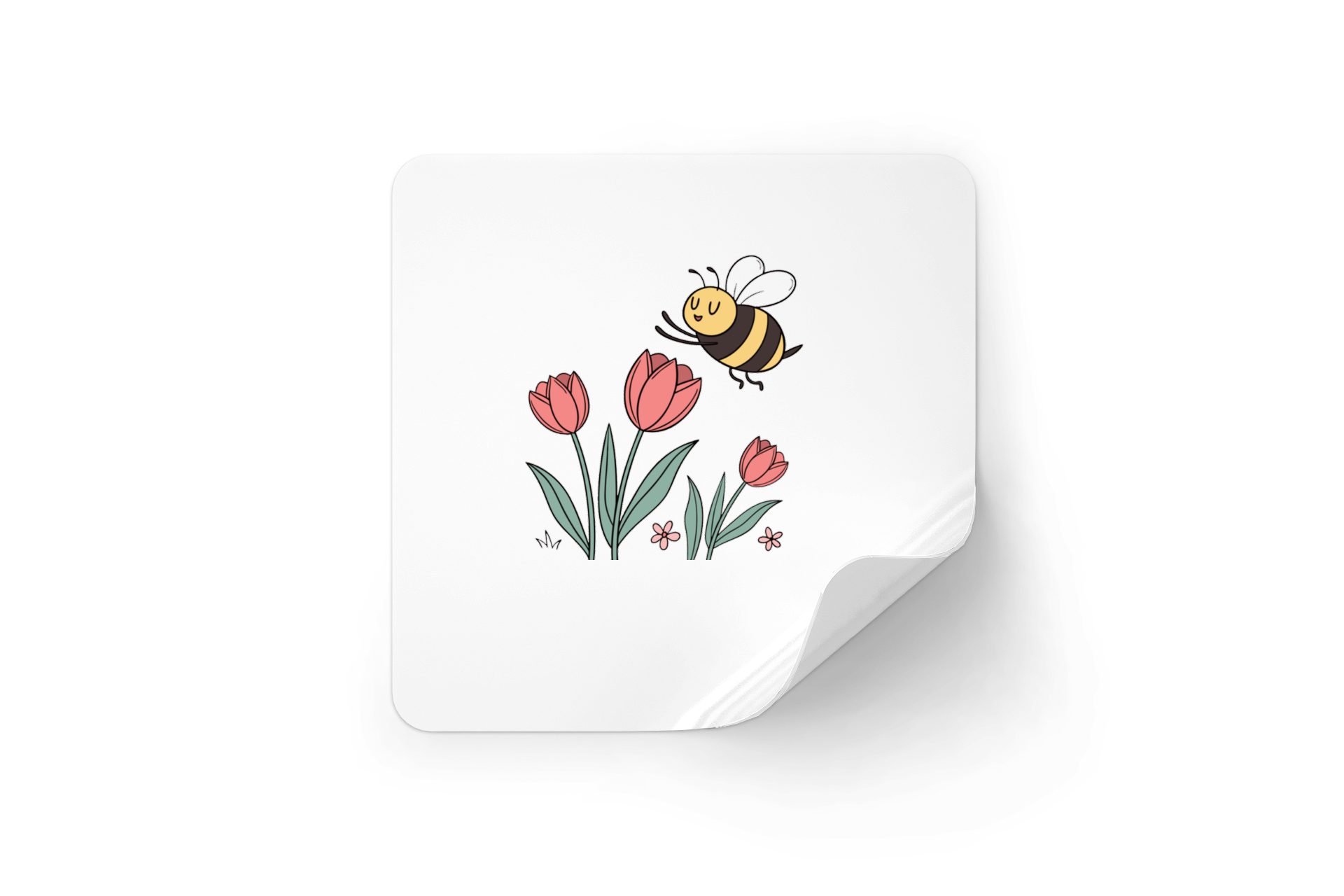 Sticker avec abeille joyeuse illustrée sur fond de tulipes pastel style printanier