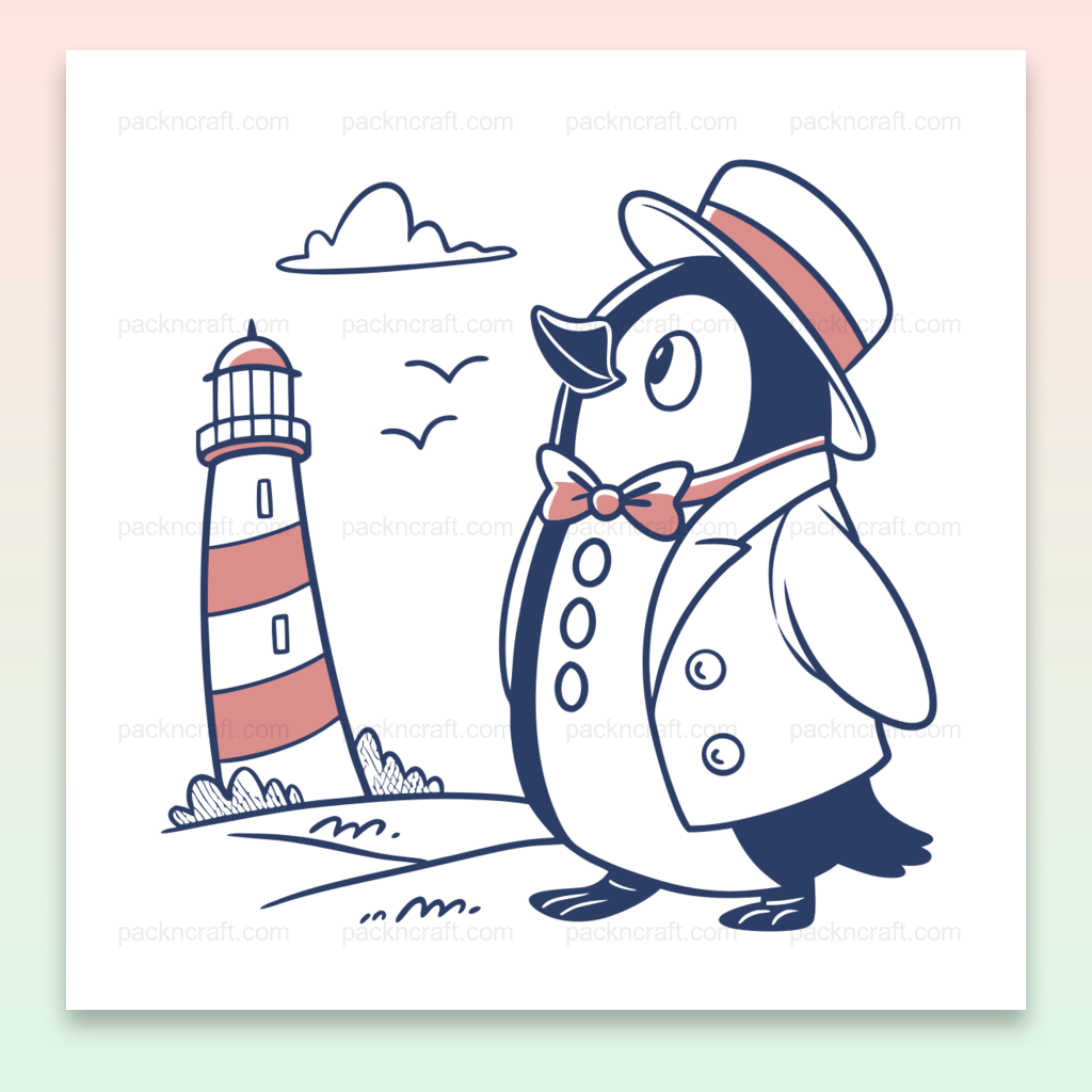 Illustration d'un pingouin élégant admirant un phare, idéale pour projets DIY et décoratifs.