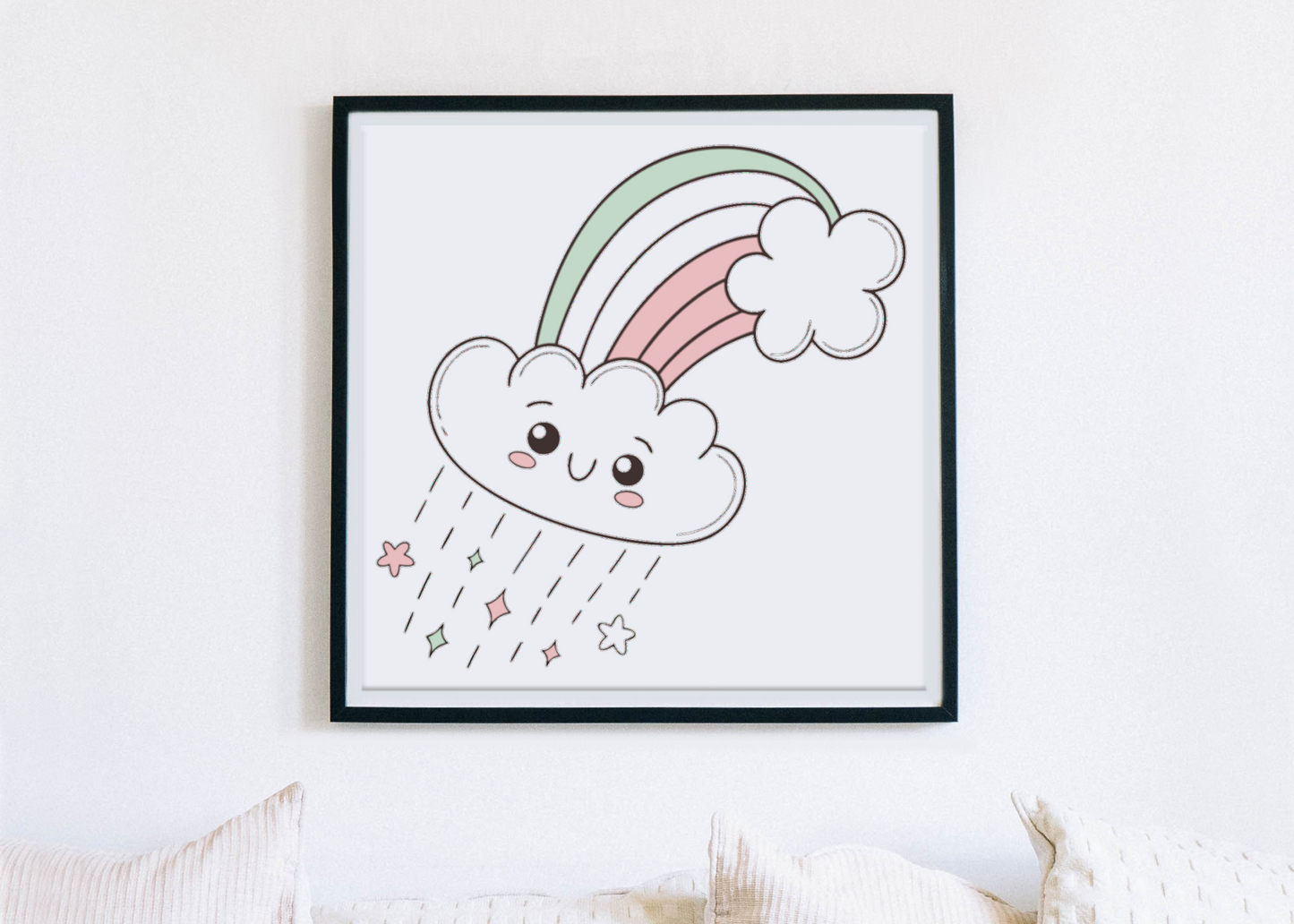 Cadre affichant un nuage kawaii souriant avec un arc-en-ciel dans un style enchanteur